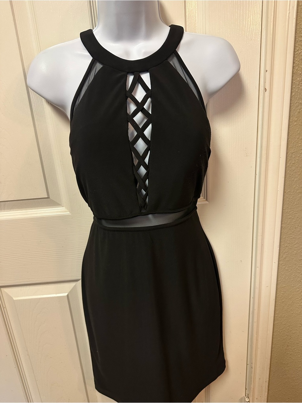 Night Way Collections Black Halter Lattice Front Mini Dress